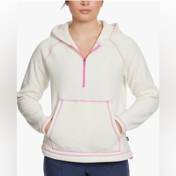 Bass Outdoor Tops - Bass Outdoor Cream & PurpleTrim Hooded Quarter Zip Fleece PullOver Top Small NWT